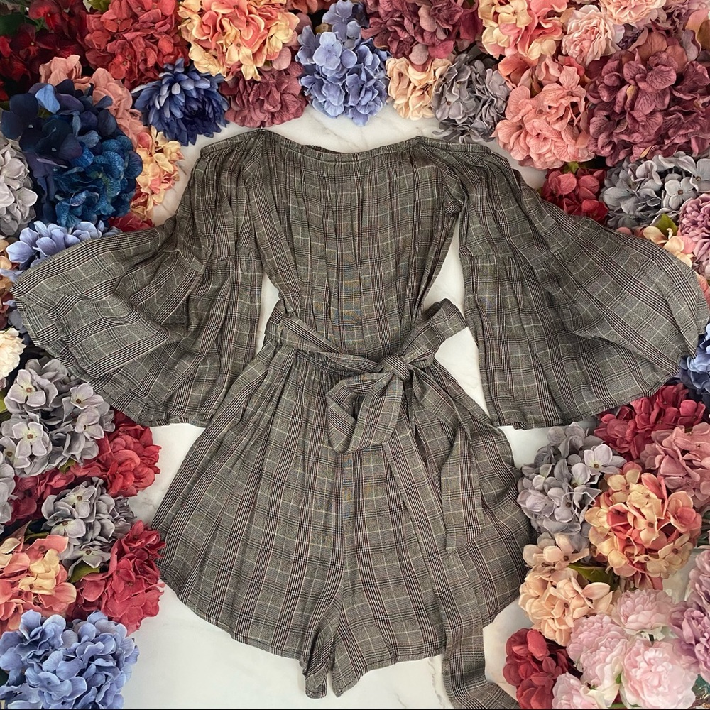 Flirty Gray Plaid Off-the-Shoulder Romper Jumpsuit - Picture 8 of 16